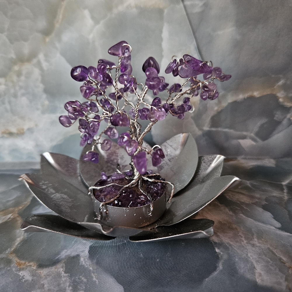 Amethyst Chip Gem Tree Of Life on Lotus Dish - Purple